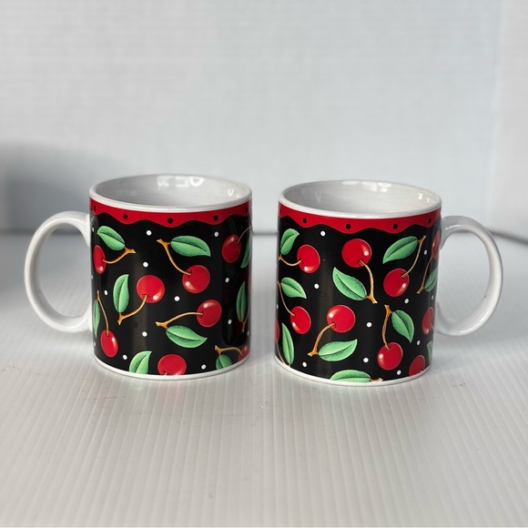 Set of 4 Mary Engelbreit CHERRIES Sakura Stoneware Coffee Tea Cups Mugs - Picture 3 of 7